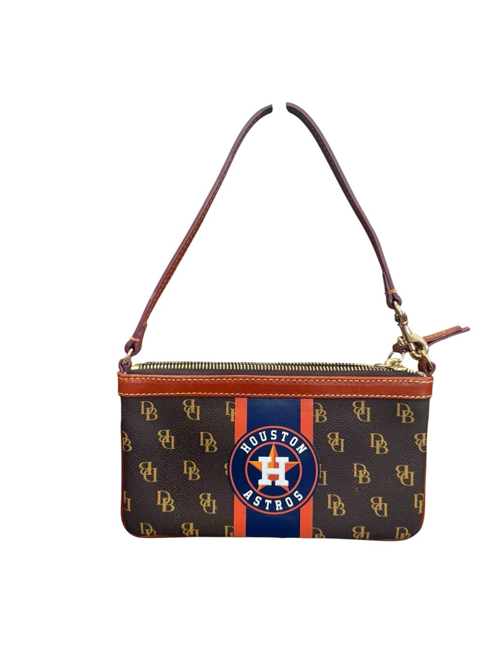 Dooney & Bourke Brown Monogram Wristlet with Orange and Navy Accent